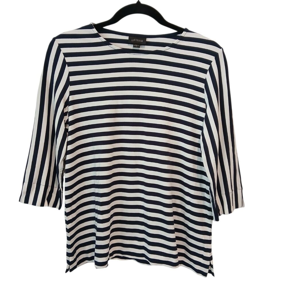 J Jill Wearever Collection Striped Top Navy Blue XS Elbow Sleeve Stretchy Comfy